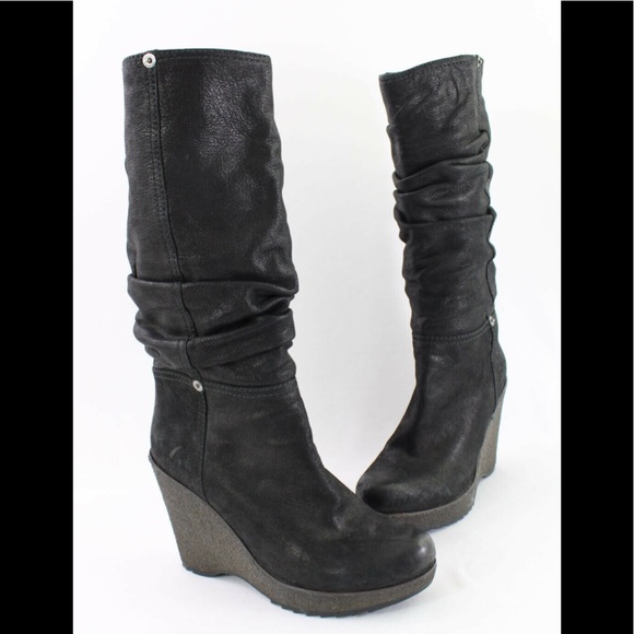 Prada Luxe Authentic Black Oiled Leather Ruched Wedge Knee High Boots Sz 39 US 9 - Picture 1 of 5